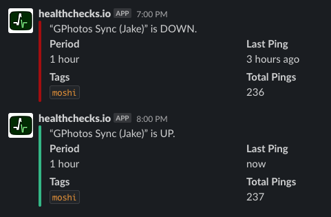 Screenshot of Slack channel showing healthchecks.io notifications of sync being down and then recovering an hour later